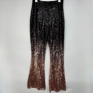 Venus Womens Size 6 Knit Pants Black Rose Gold Sequins Side Zip Flare Leg Party
